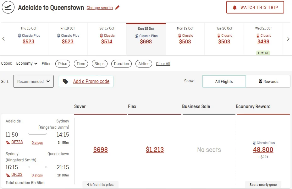 Google Flights result for Adelaide to Queenstown on 18 October, priced at $698 one-way as a through-fare