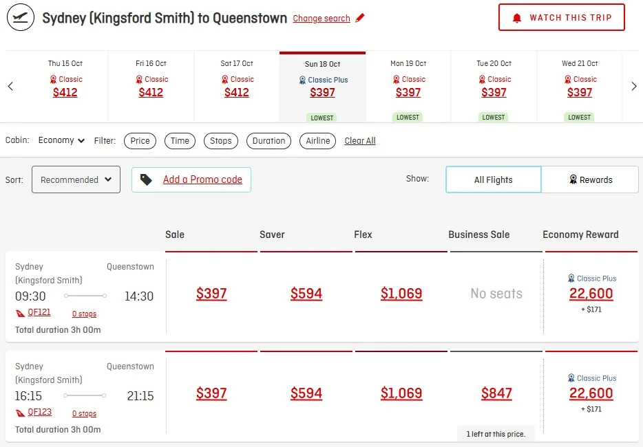 Google Flights result for Sydney to Queenstown on the same date, priced at $397