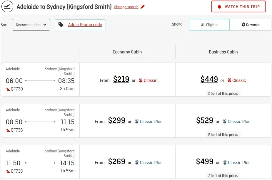 Google Flights results for Adelaide to Sydney positioning flights at $219 and $269