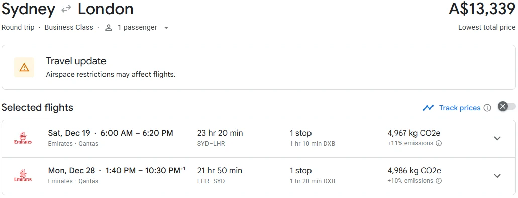 Google Flights pricing for a Sydney to London Business Class return over Christmas, A$13,339
