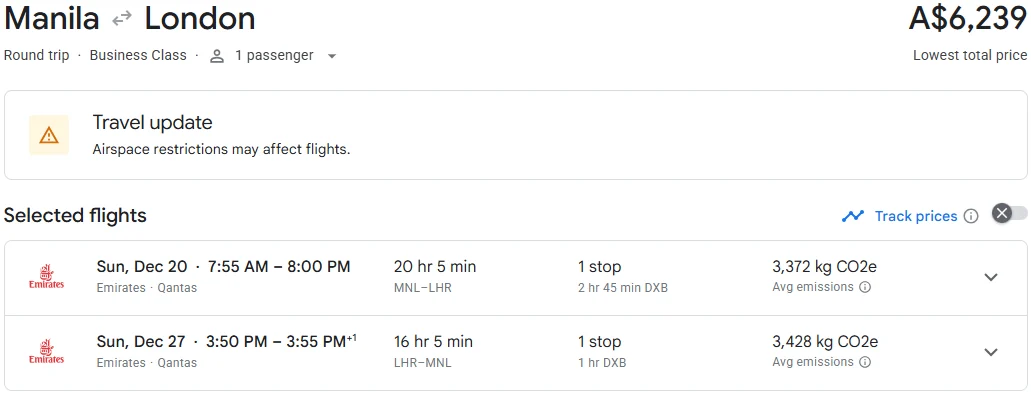 Google Flights pricing for a Manila to London Business Class return on the same dates, A$6,239