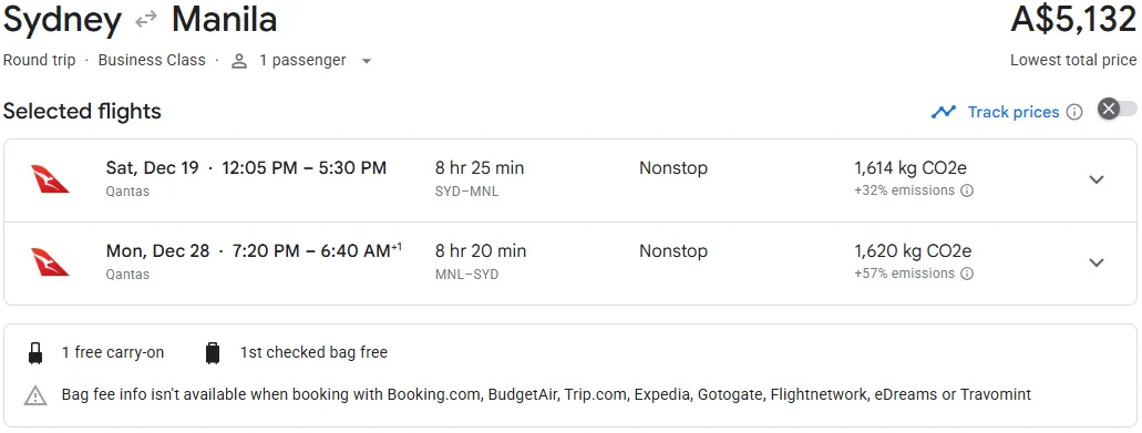 Google Flights pricing for a nonstop Sydney to Manila Business Class return, A$5,132