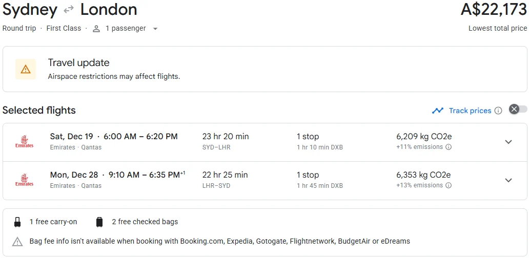Google Flights pricing for a Sydney to London First Class return over Christmas, A$22,173