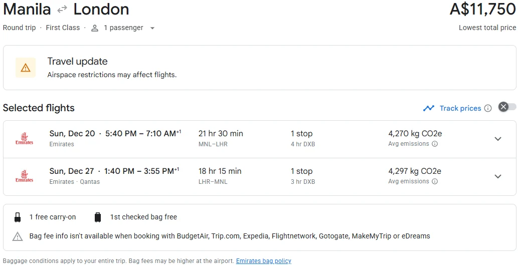 Google Flights pricing for a Manila to London First Class return on the same dates, A$11,750