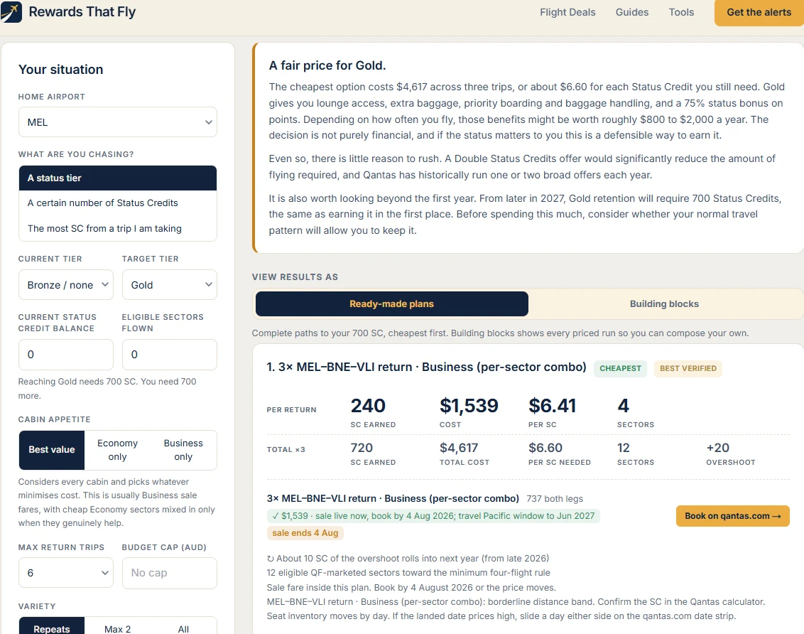 Status Run Builder results for a Melbourne to Gold target showing ready-made plans at $6.60 per Status Credit